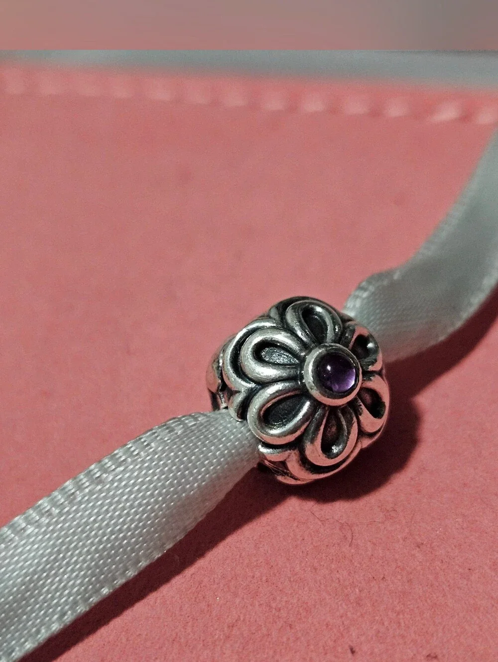 Psndora Retired Sterling Silver Flower Clip Charm with Amethyst Center - Purple